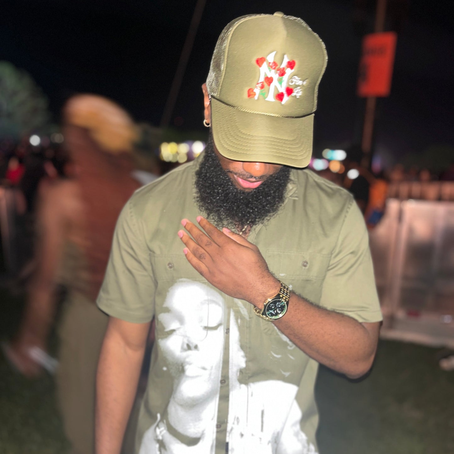 NY Lovers and Roses Trucker Hat (Olive Green)