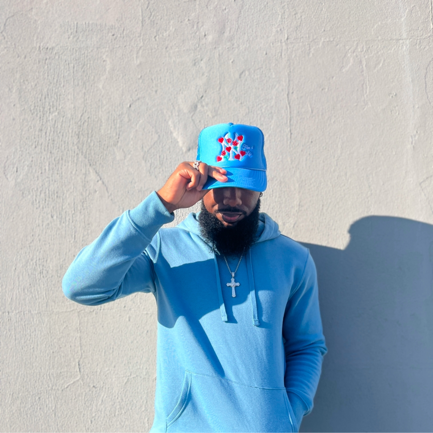 NY Lovers and Roses Trucker Hat (Light Blue)