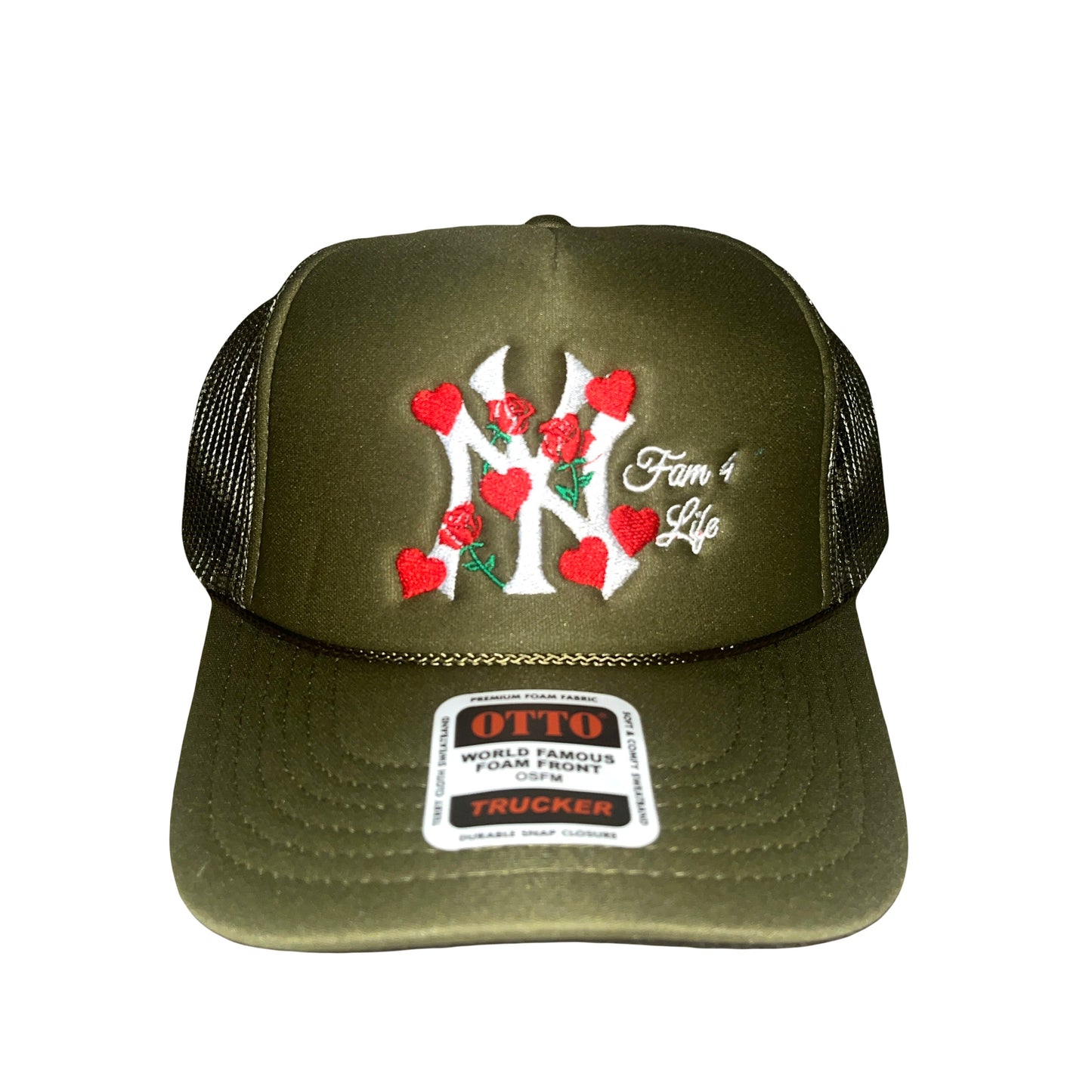 NY Lovers and Roses Trucker Hat (Olive Green)