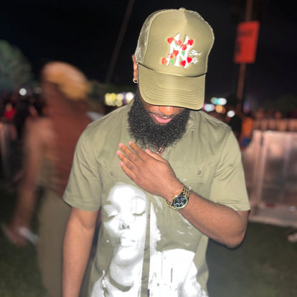 NY Lovers and Roses Trucker Hat (Olive Green)