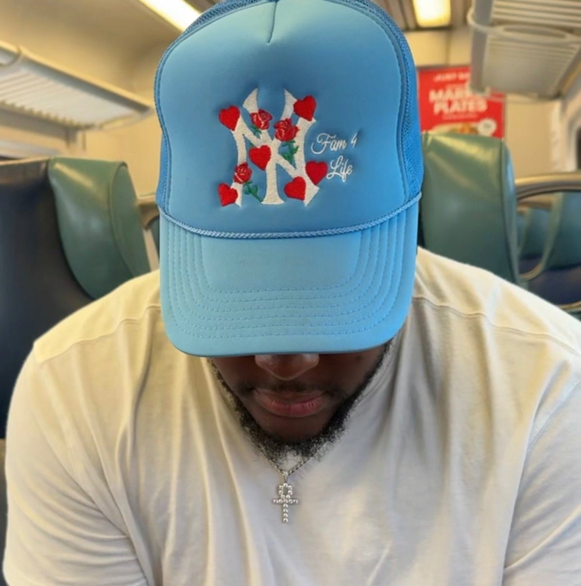 NY Lovers and Roses Trucker Hat (Light Blue)